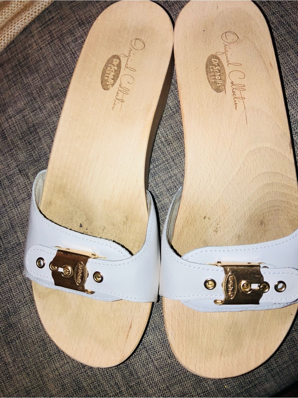 Dr. Scholl's White Leather Slide Mules with Gold Accent